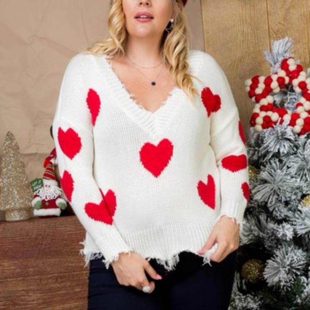 PLUS SIZE VDAY hearts Print Frayed Sweater - Picture 3 of 6